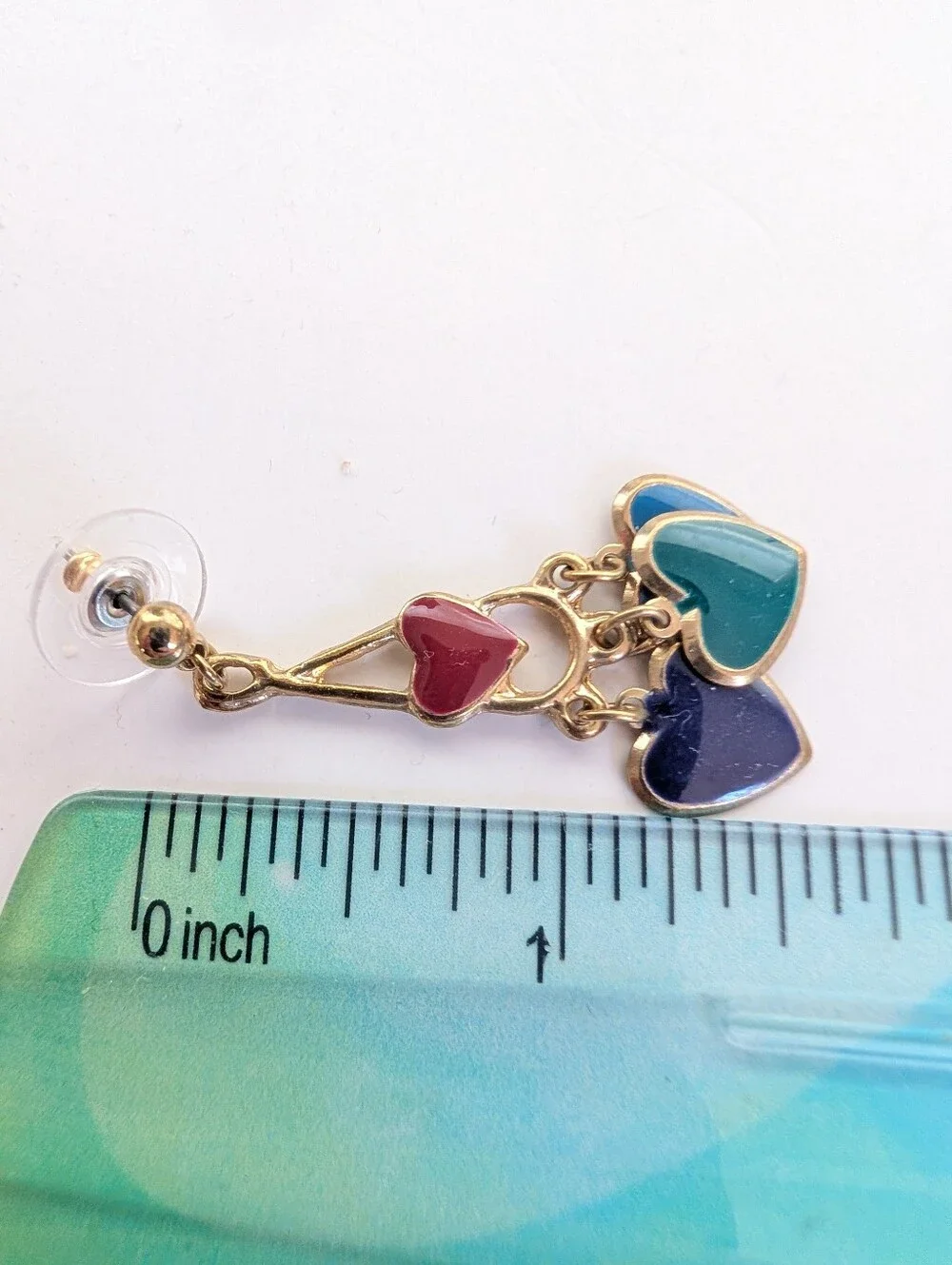 Vintage 1980s Glam Gold Tone Enamel Colorful Heart Dangle Post Earrings